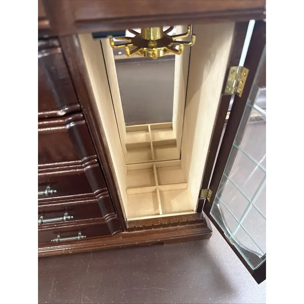 Vintage Dark Wooden Jewelry Box Armoire 2 Doors With Mirrors & 5 Drawers
